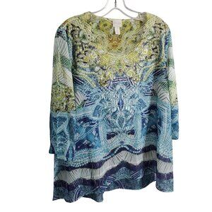 Chicos 2 Size 12 Blouse Top Lace Embellished Coastal Country Vibes Ombre Flowy